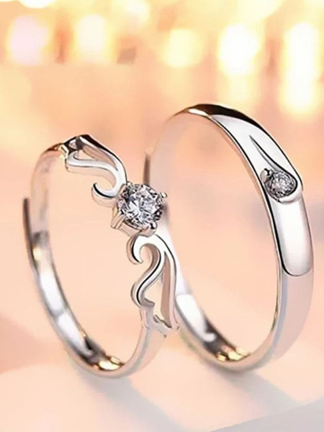Ringzinnie Unisex Set Of 2 Stainless Steel Stones Studded Couple Adjustable Finger Rings