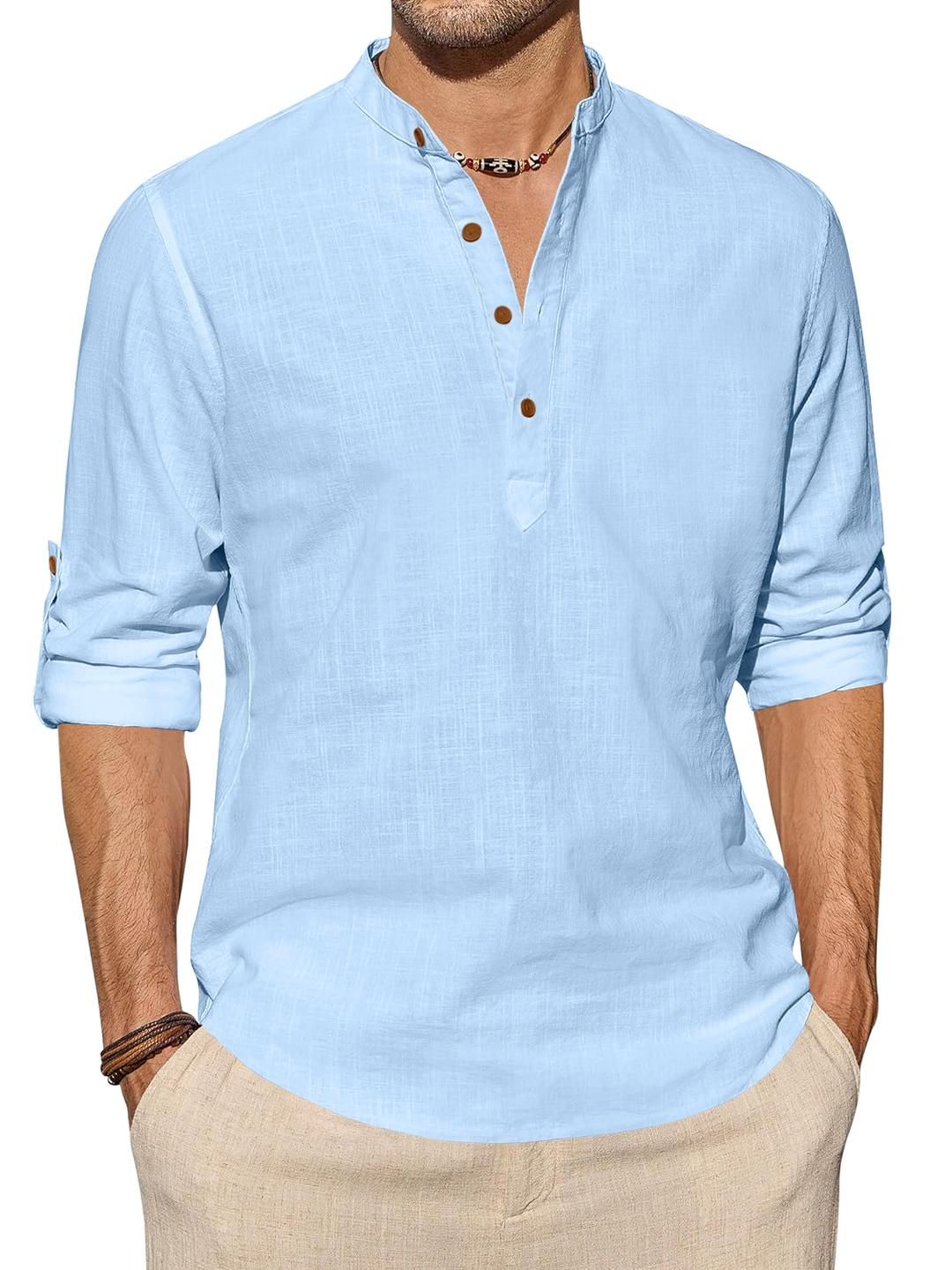 Fifth U Fifth U Men Sky Blue Solid Cotton Blend Mandarin Collar Straight Kurta