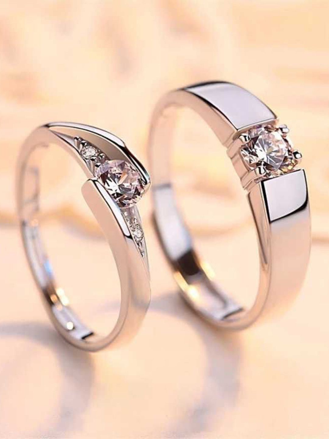 Ringzinnie Unisex Set Of 2 Stainless Steel Stones Studded Couple Adjustable Finger Rings