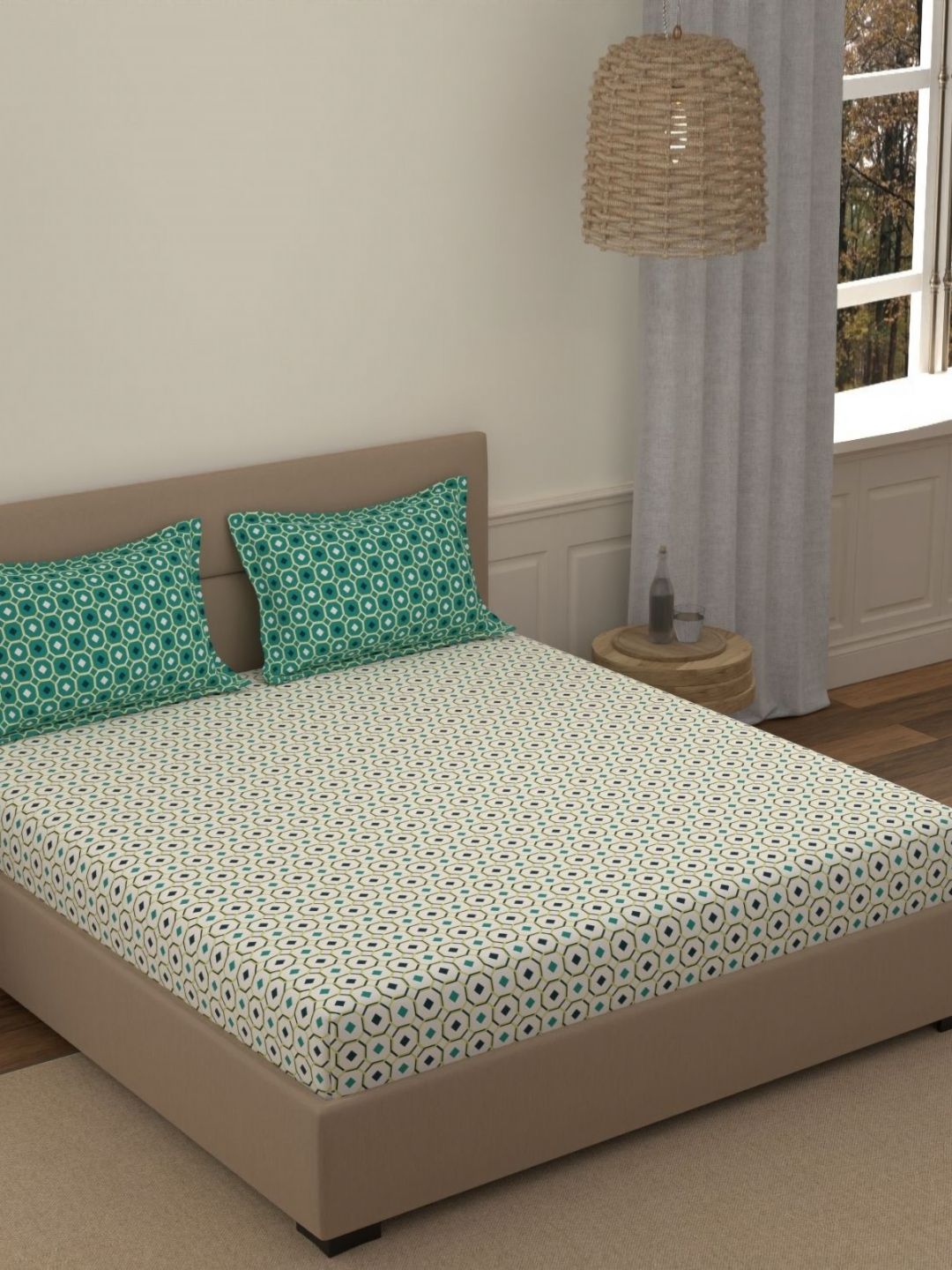 Portico Fusion 144 TC Cotton Blue Double Size Bedsheet With 2 Pillow Covers