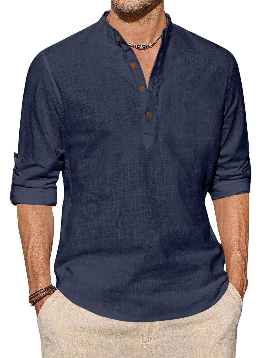 Fifth U Men's Navy Blue Solid Cotton Blend Short Kurta