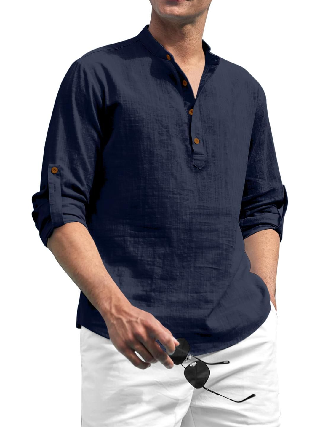 Fifth U Men Navy Blue Solid Cotton Blend Mandarin Collar Straight Kurta