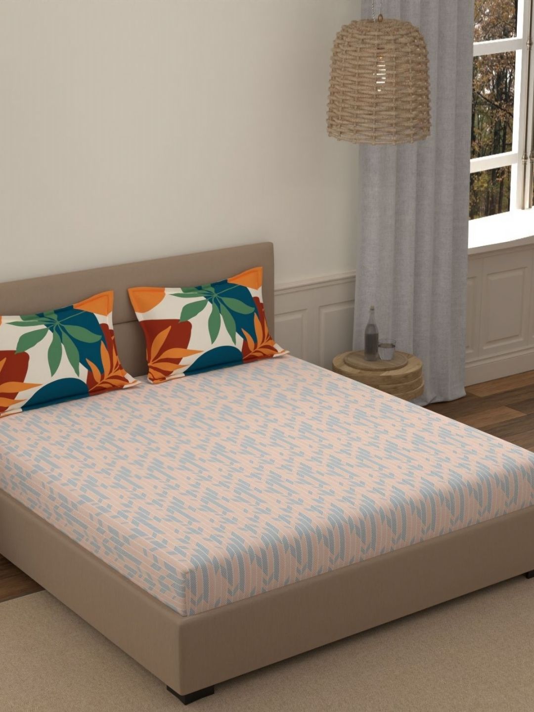 Portico Fusion 144 TC Cotton Orange Double Size Bedsheet With 2 Pillow Covers