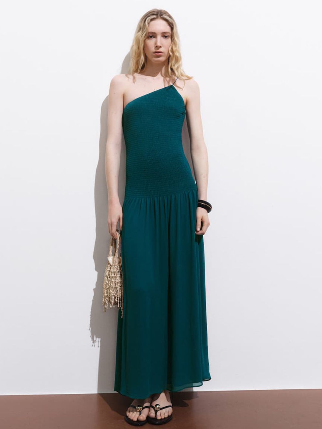 One Shoulder Smocked Drop-Waist Maxi Dress