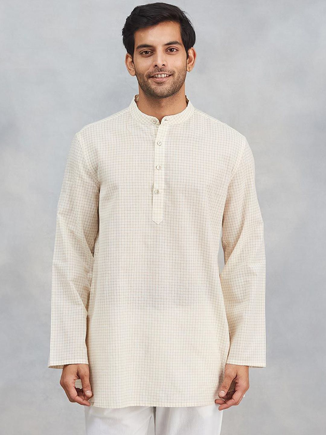 Fabindia Checked Band Collar Natural Cotton Blend Straight Short Kurta