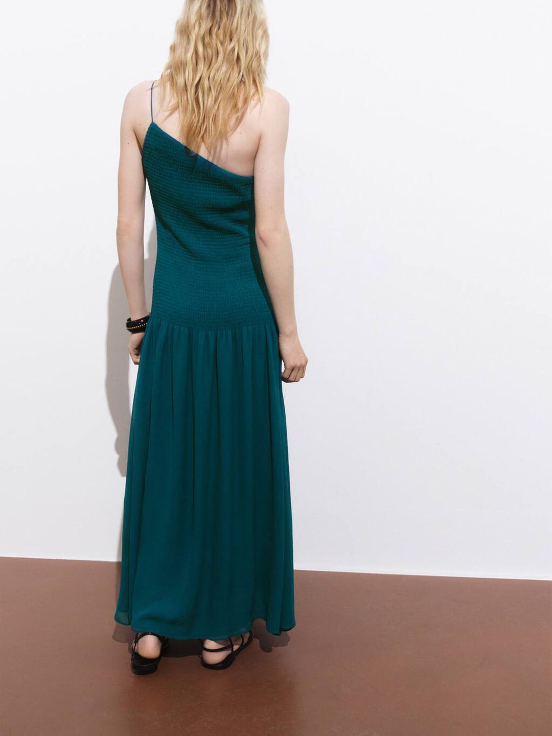 One Shoulder Smocked Drop-Waist Maxi Dress
