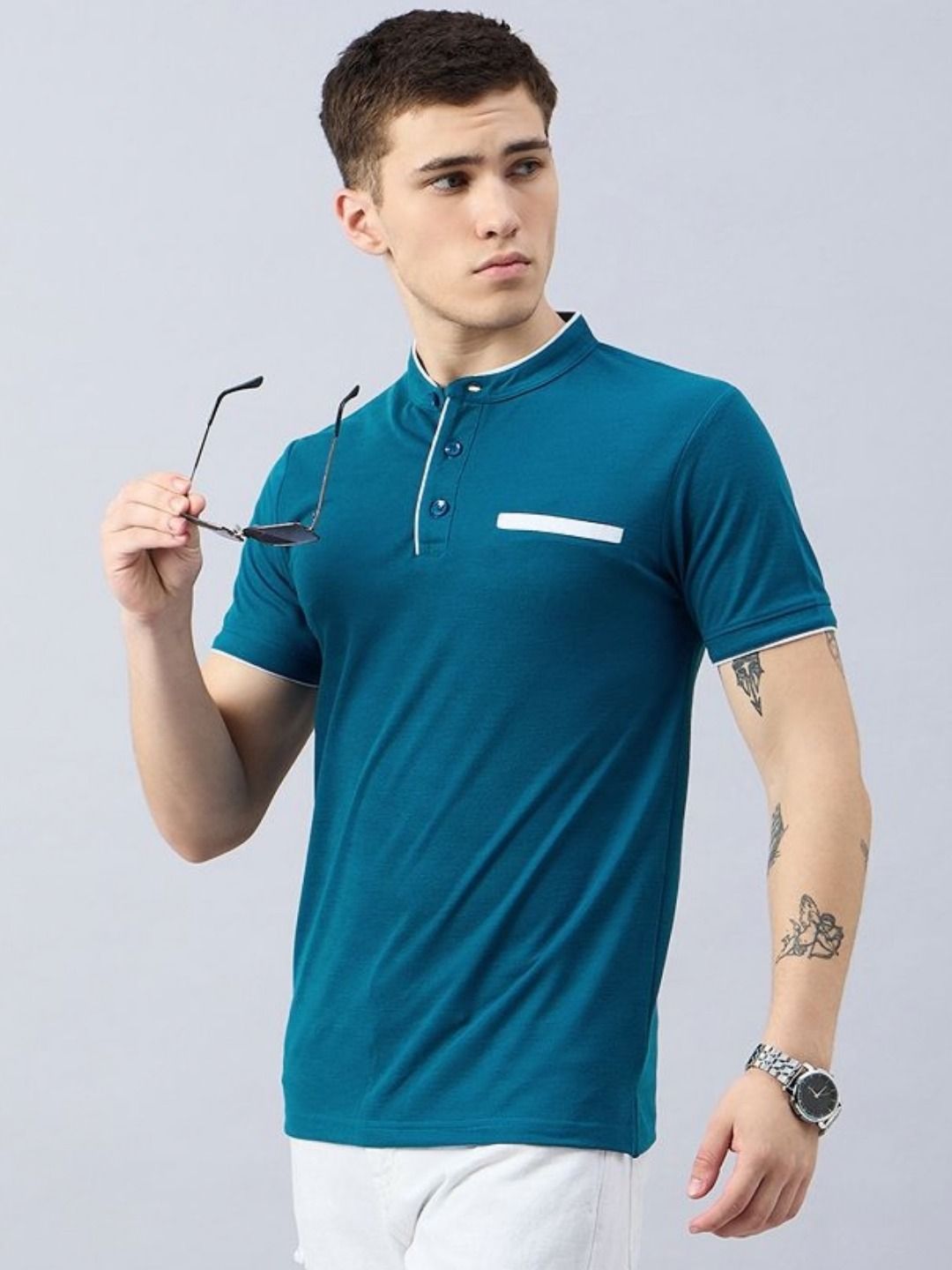 Zigo Band Collar Short Sleeves Casual T-shirt