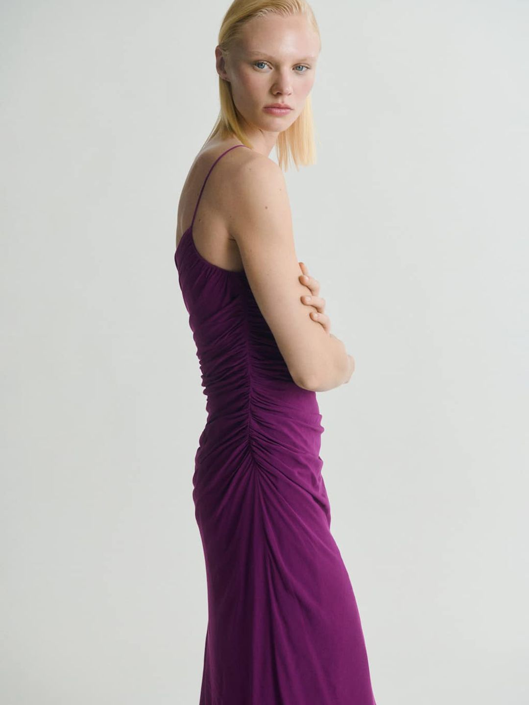 Shoulder Straps Ruched Asymmetrical Midi Dress