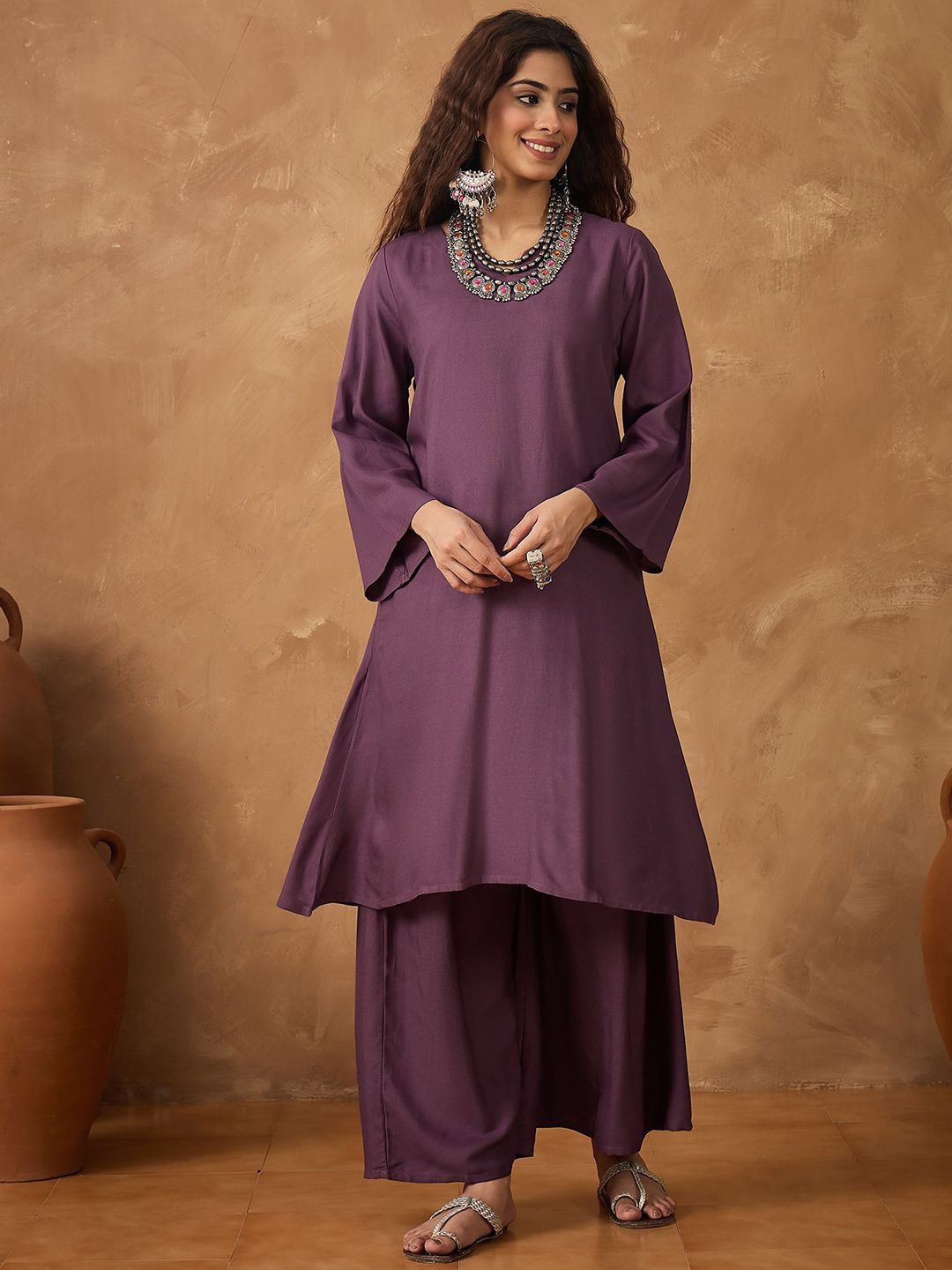InWeave Women Solid Fusion Kurta with Palazzo