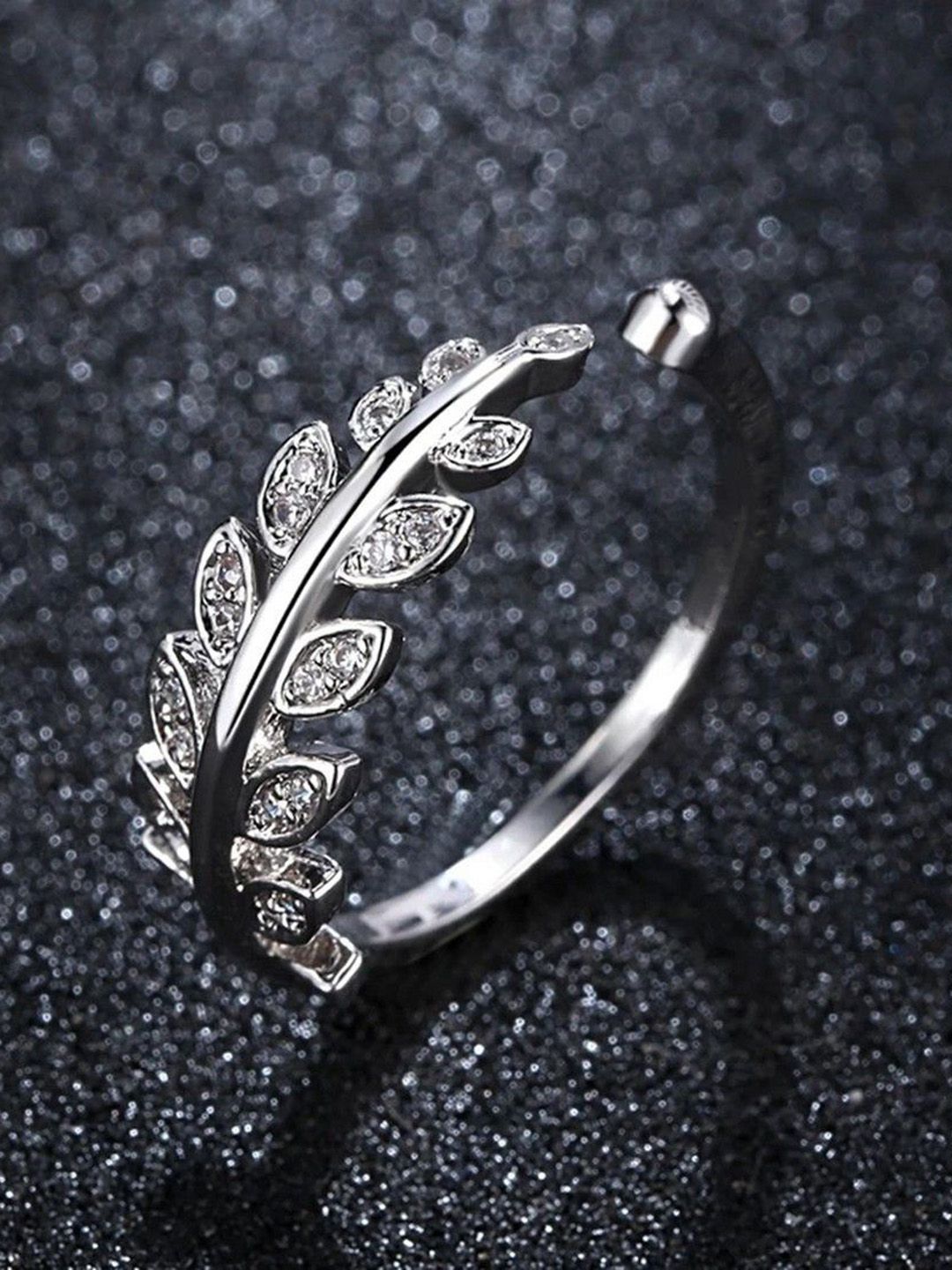 Ringzinnie Leaf-Shaped Stone-Studded Adjustable Finger Ring