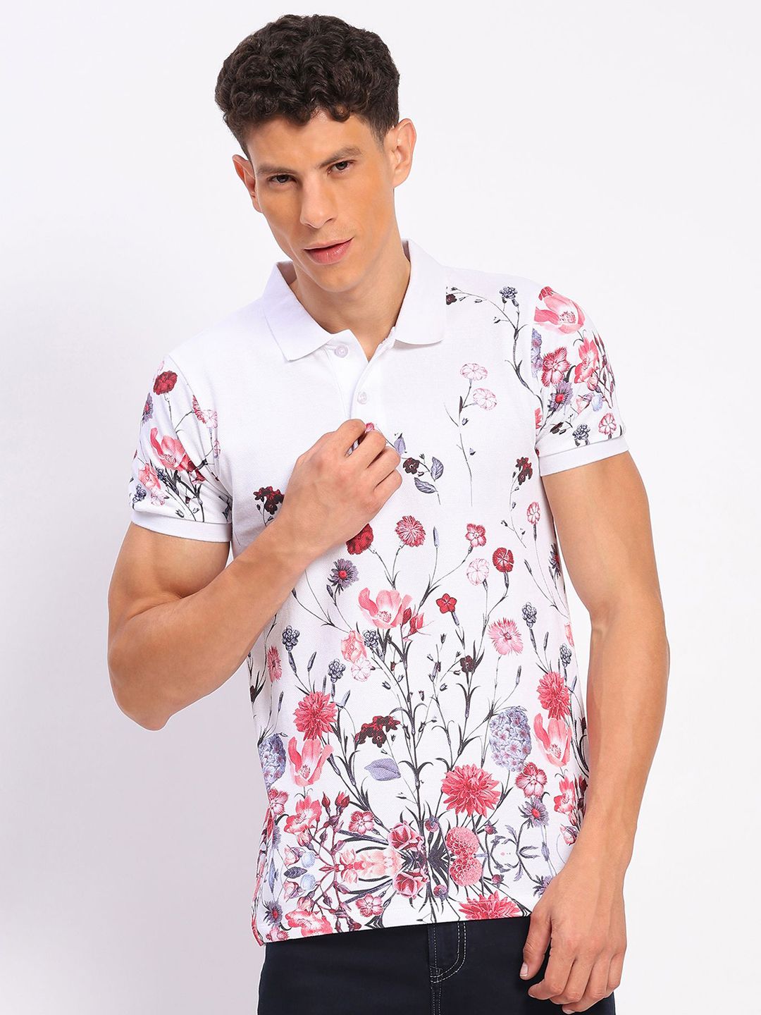 Global Republic Floral Printed Polo Collar Cotton T-shirt