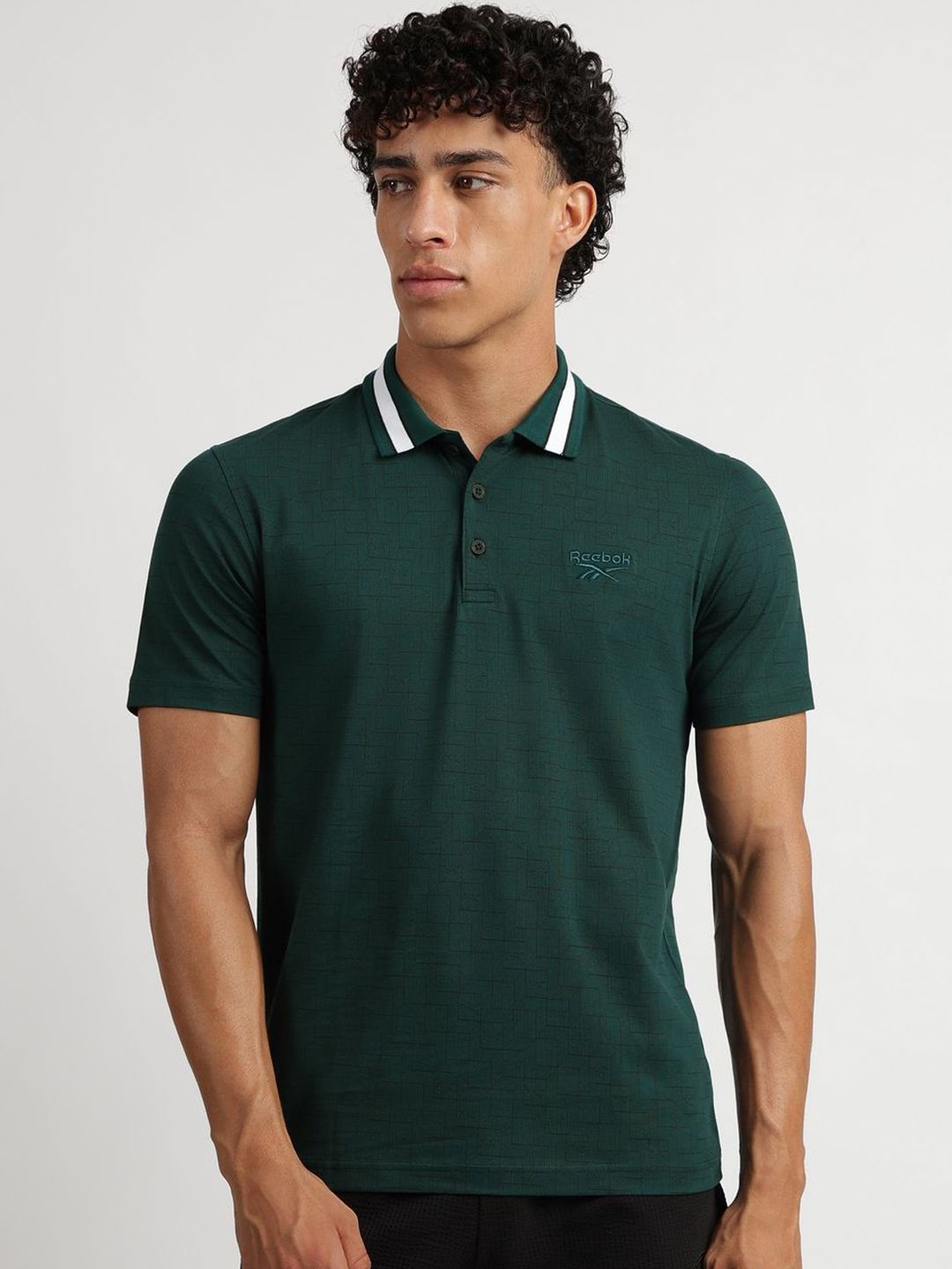 Reebok Men Geometric Printed Polo Collar Cotton T-shirt