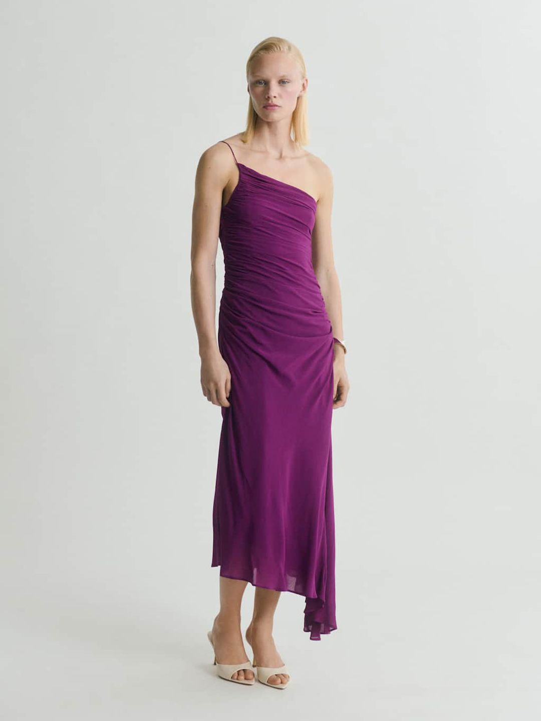 Shoulder Straps Ruched Asymmetrical Midi Dress
