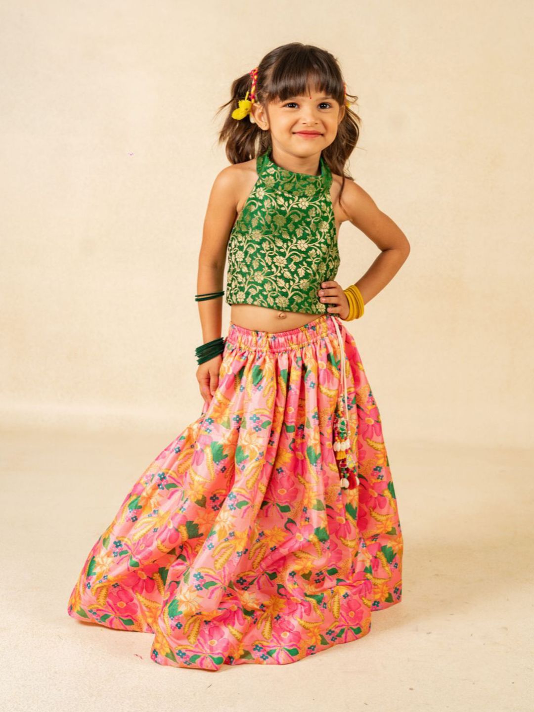 Jilmil Girls Floral Woven Design Zari Ready to Wear Cotton Lehenga & Choli