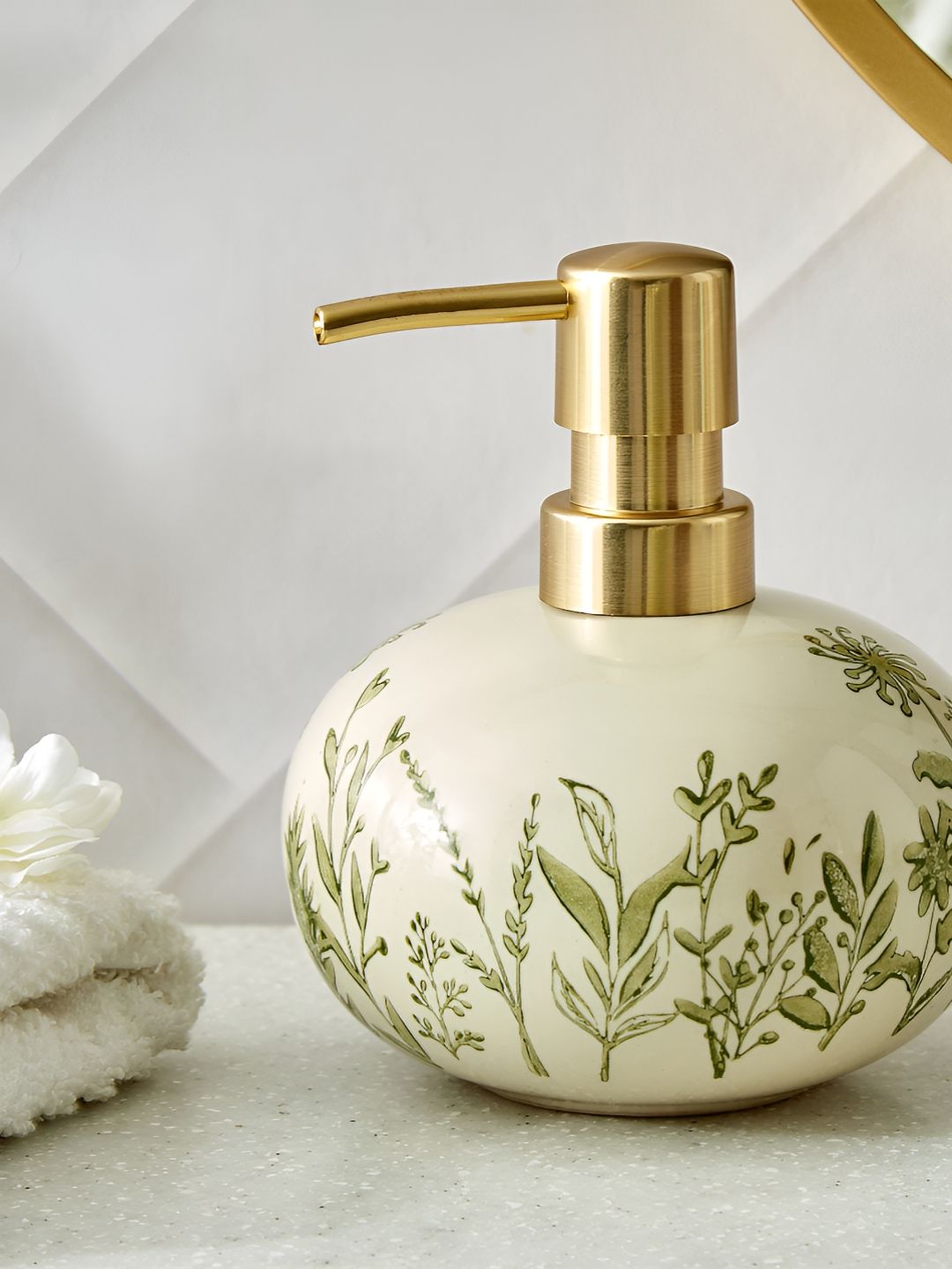 Home Centre Nova Botanica Beige & Green Printed Ceramic Soap Dispenser 380ml