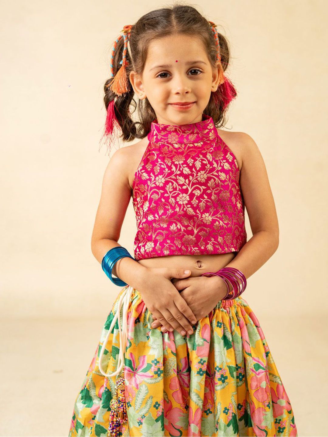 Jilmil Girls Floral Woven Design Zari Ready to Wear Cotton Lehenga & Choli