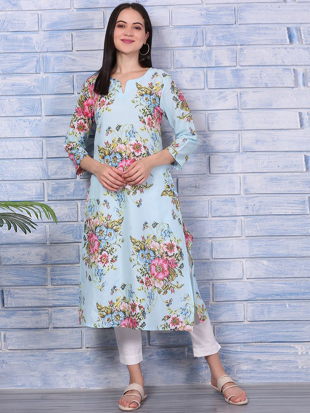 W W Floral Printed Cotton Notch Neck Straight Kurta
