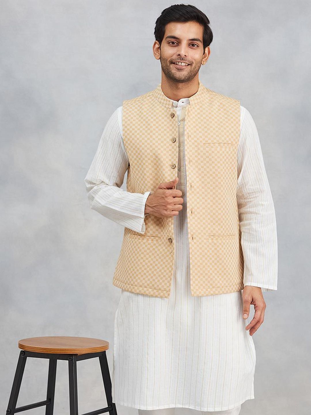 Fabindia Checks Cotton Sleeveless Nehru Jacket