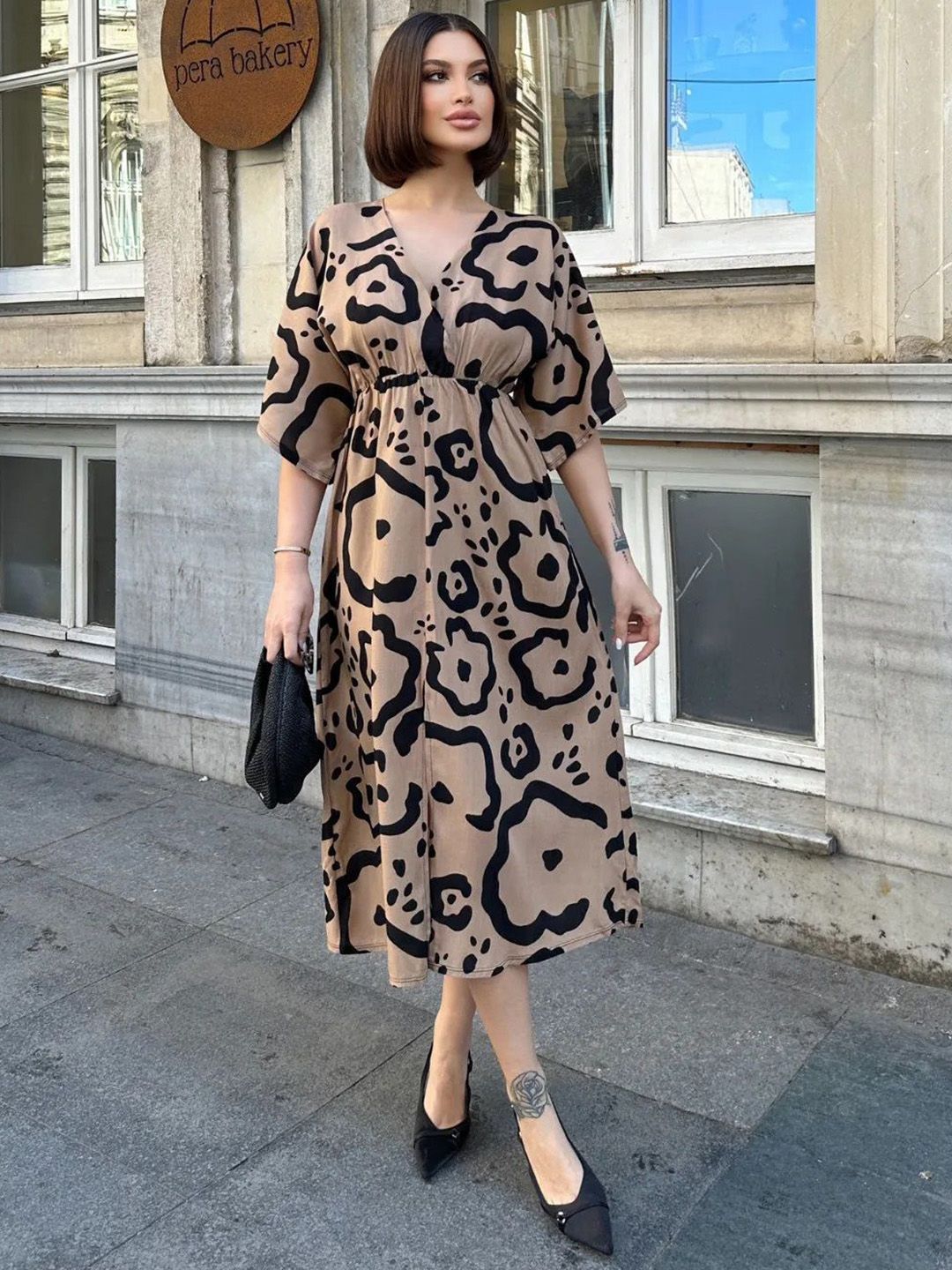 PIMU Women Printed V-Neck A-Line Midi Dress