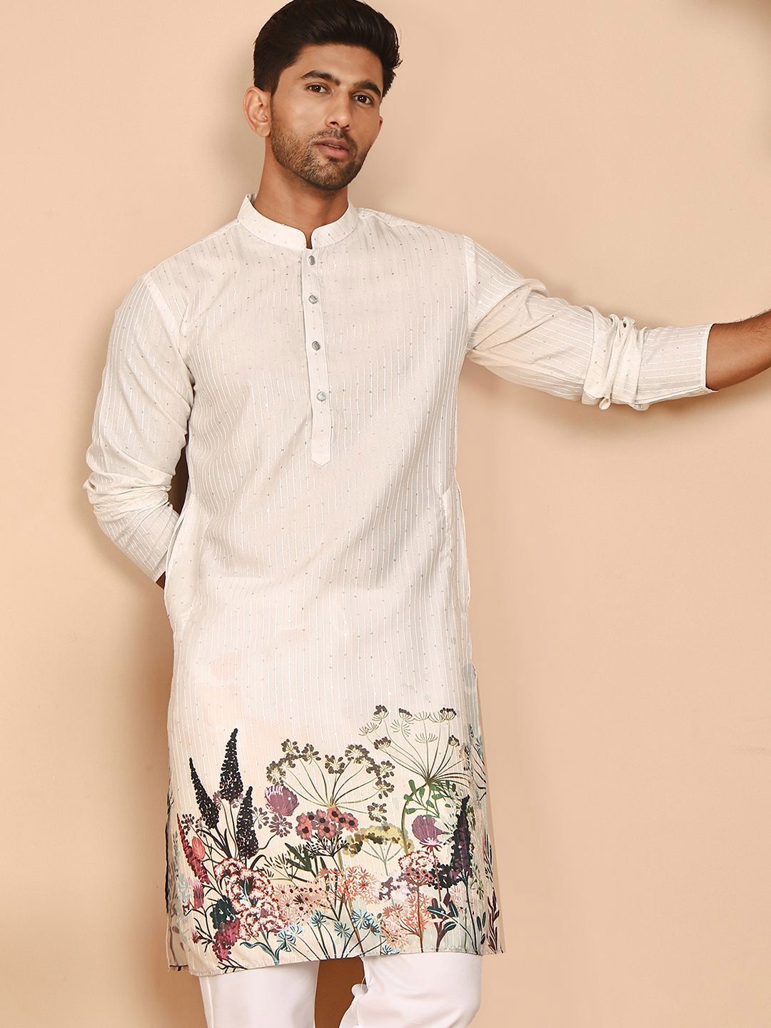 Anouk Floral Printed  Mandarin Collar Sequinned Straight Kurta