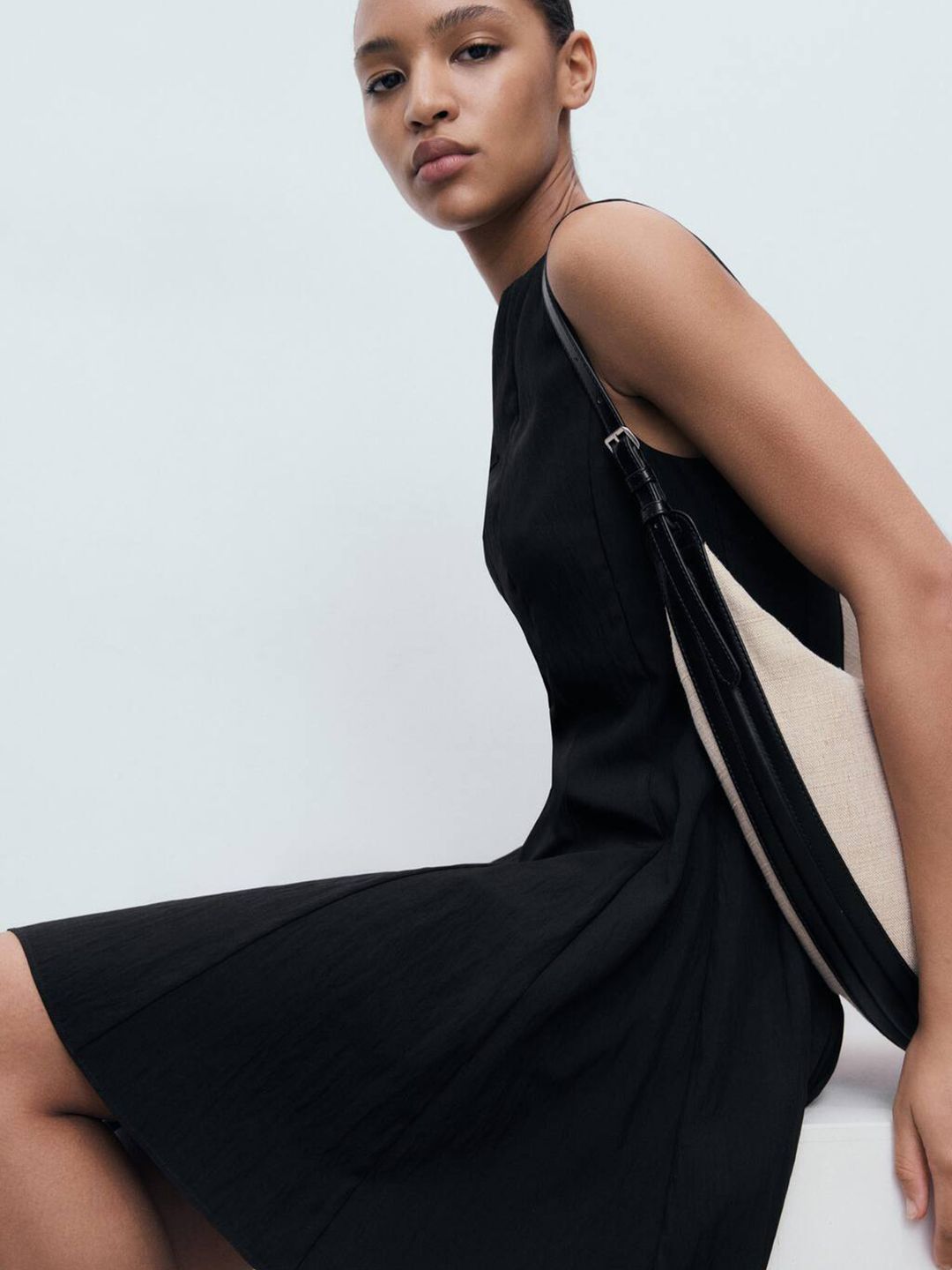 Boat Neck Sleeveless Pleated Fit & Flare Mini Dress
