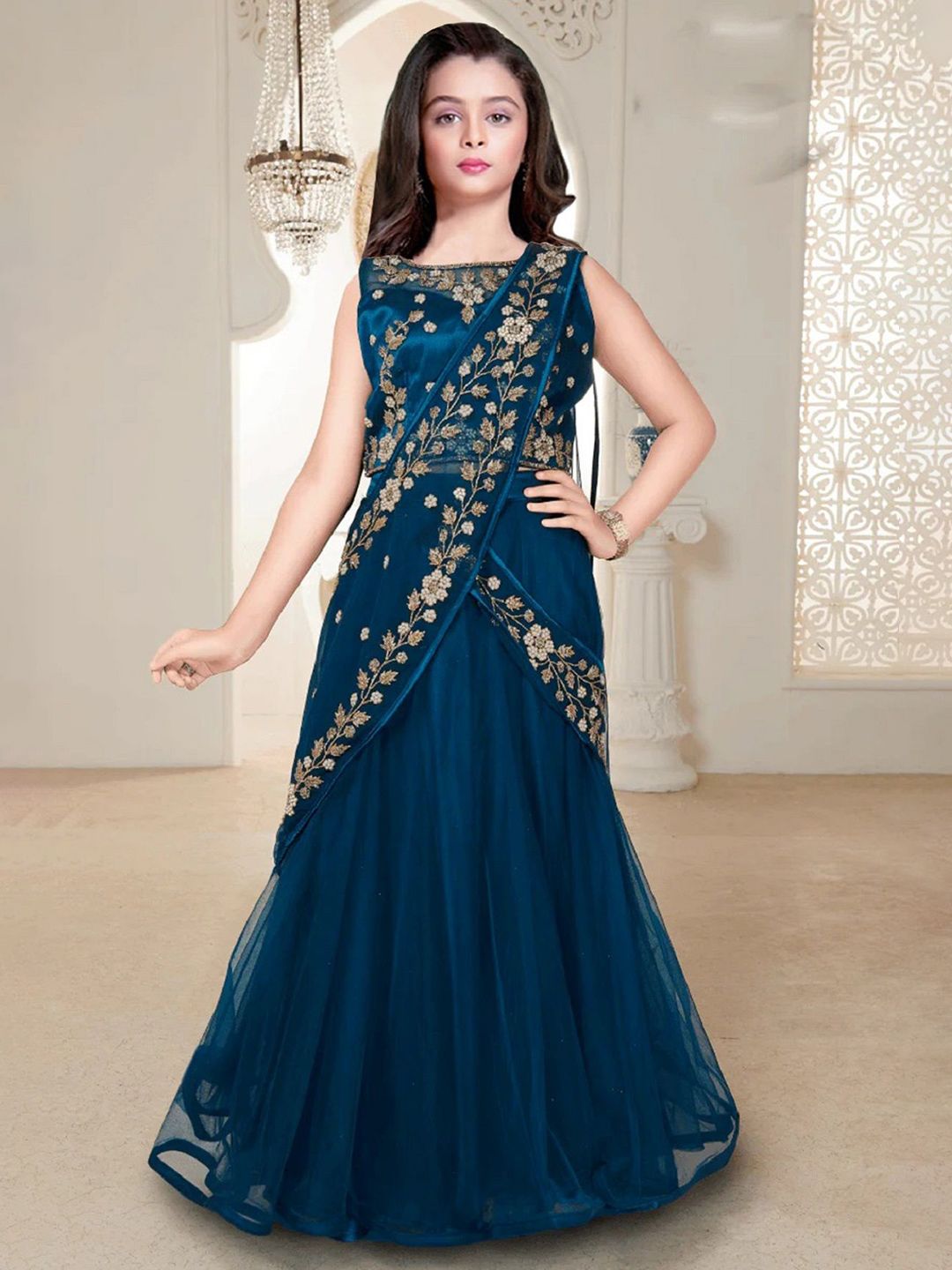 White Button Girls Embellished Beads & Stones Net Ready to Wear Lehenga & Blouse & Dupatta