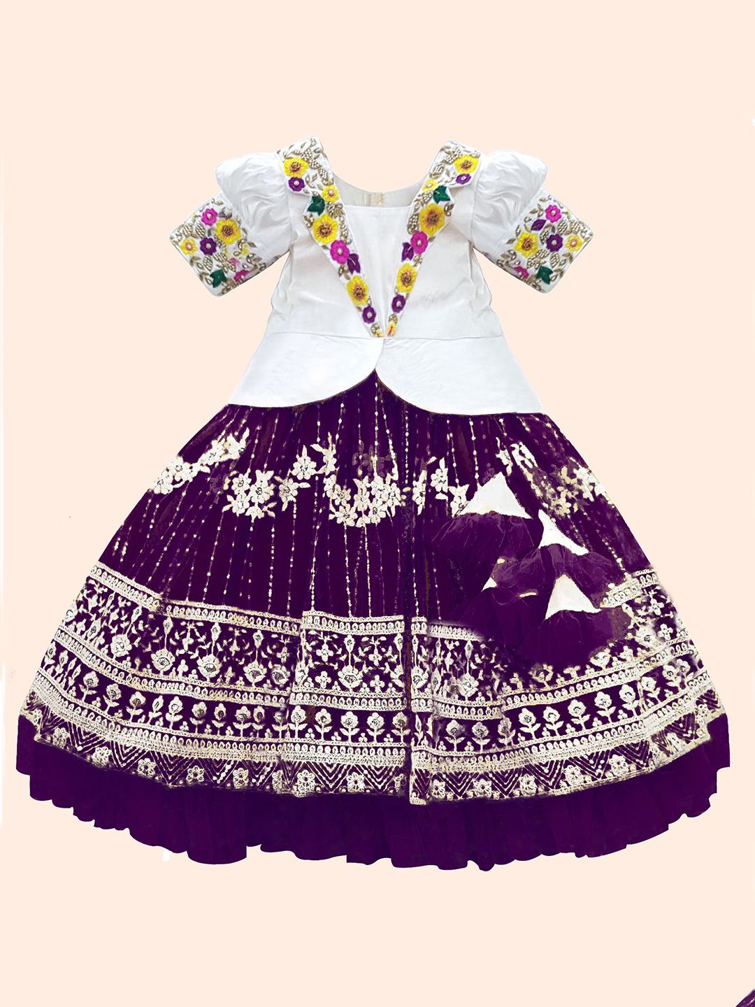 White Button Girls Embroidered Net Ready to Wear Lehenga & Choli