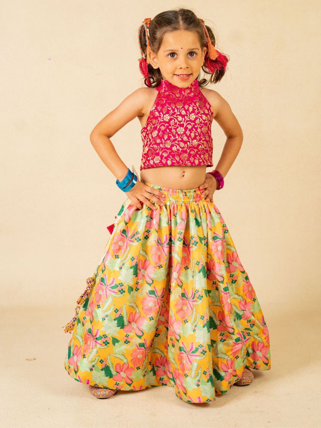 Jilmil Girls Floral Woven Design Zari Ready to Wear Cotton Lehenga & Choli