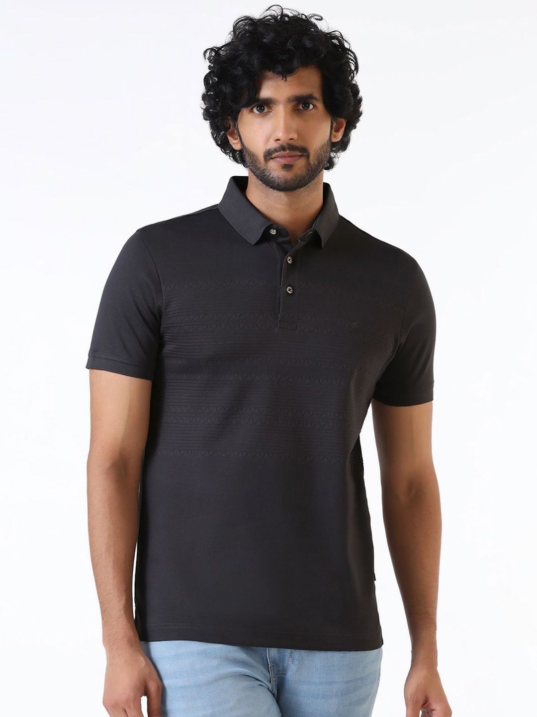 Blackberrys Men Self Design Polo Collar Cotton Slim Fit T-shirt