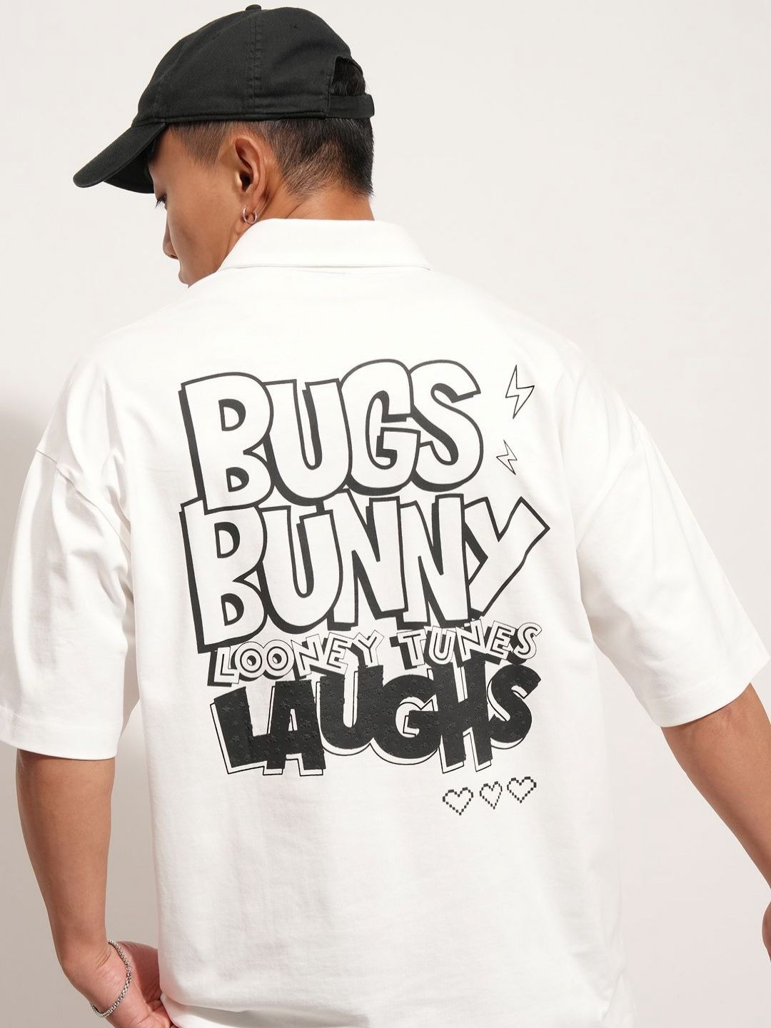 HIGHLANDER Typography Looney Tunes Printed Polo Collar Drop-Shoulder Sleeves T-shirt