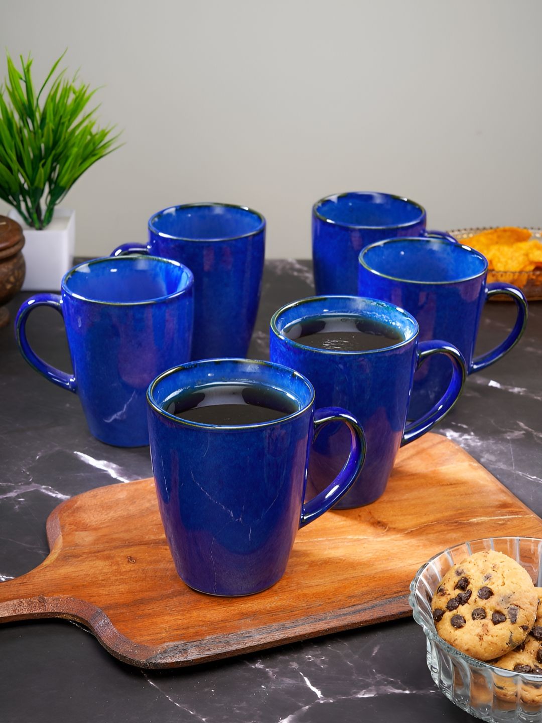 Aura Blue & Black 6 Pieces Ceramic Glossy Mugs 280ml