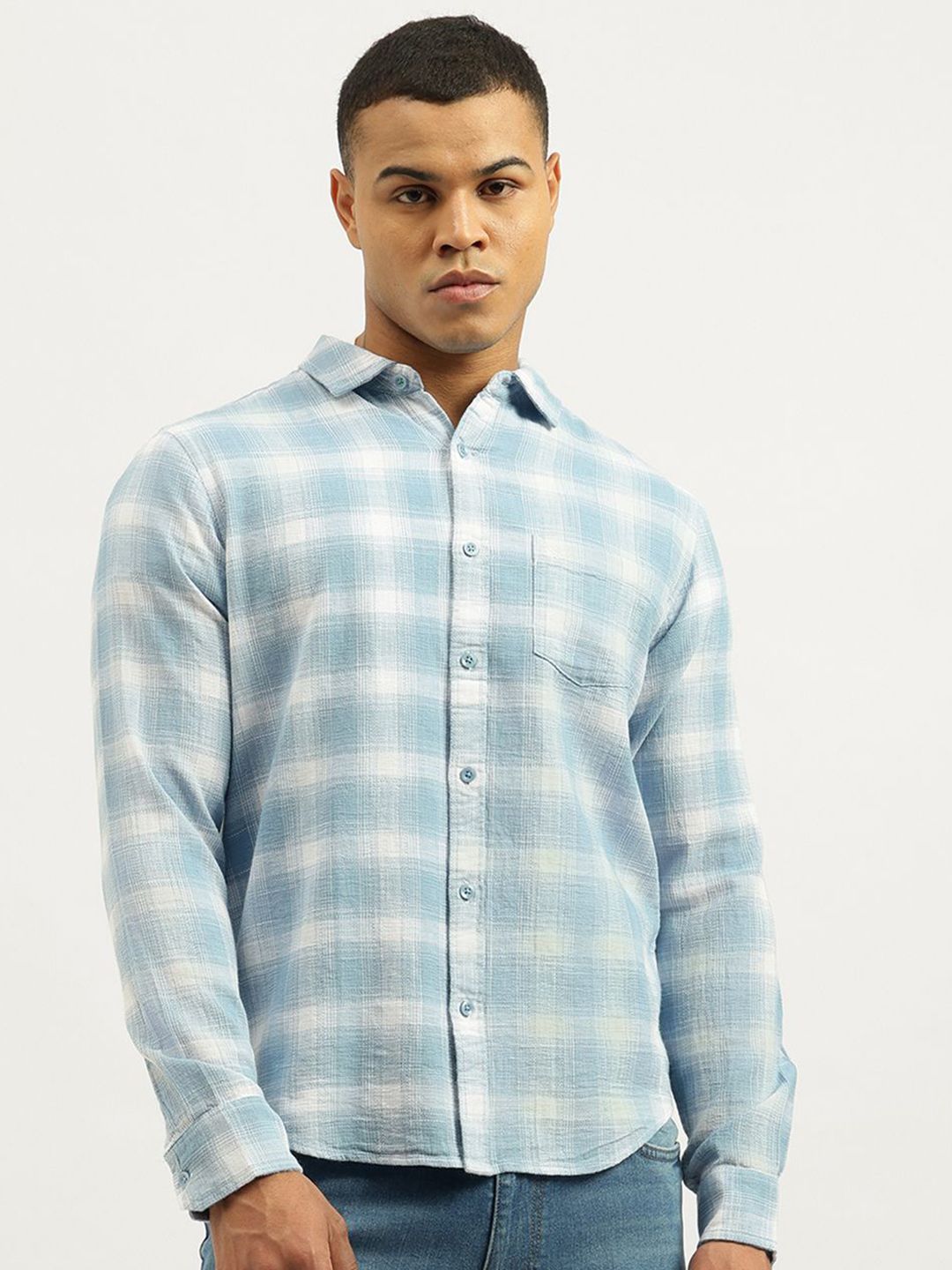 United Colors of Benetton United Colors of Benetton Checked Spread Collar Pure Cotton Casual Shirt