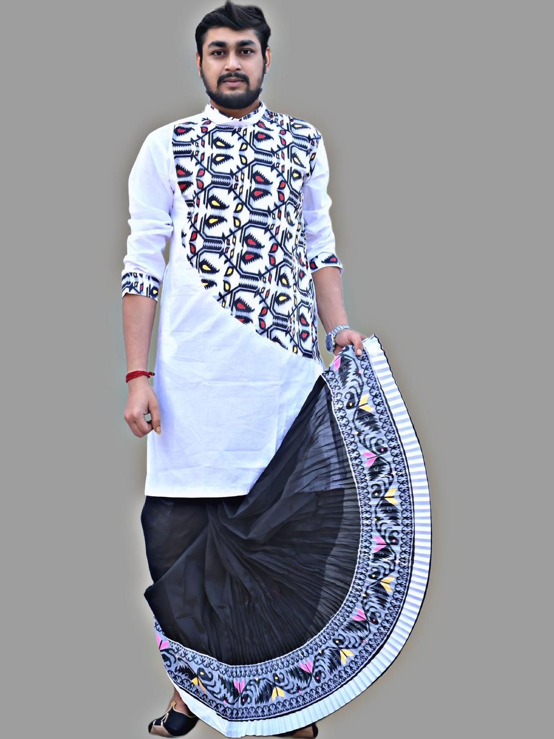 AMIT ONLINE Men Jamdani Border Ready To Wear Solid Mour Puccho Dhoti