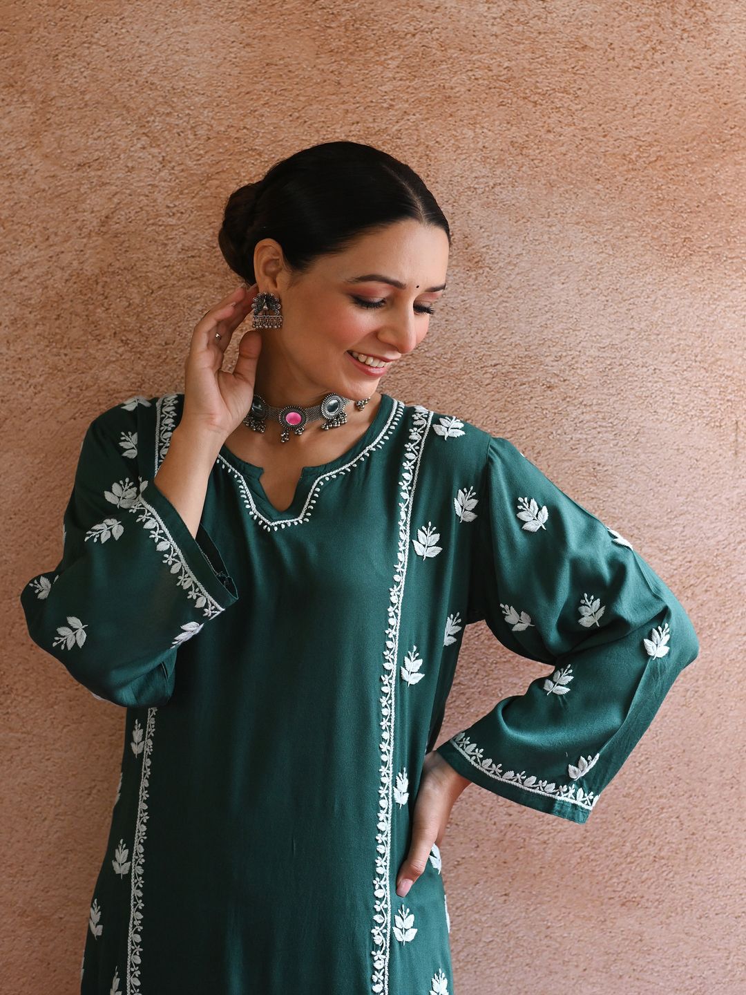 Women Chikankari Kurta Set House of Chikankari Women Bottle Green Rayon Chikankari Embroidered Kurta Set
