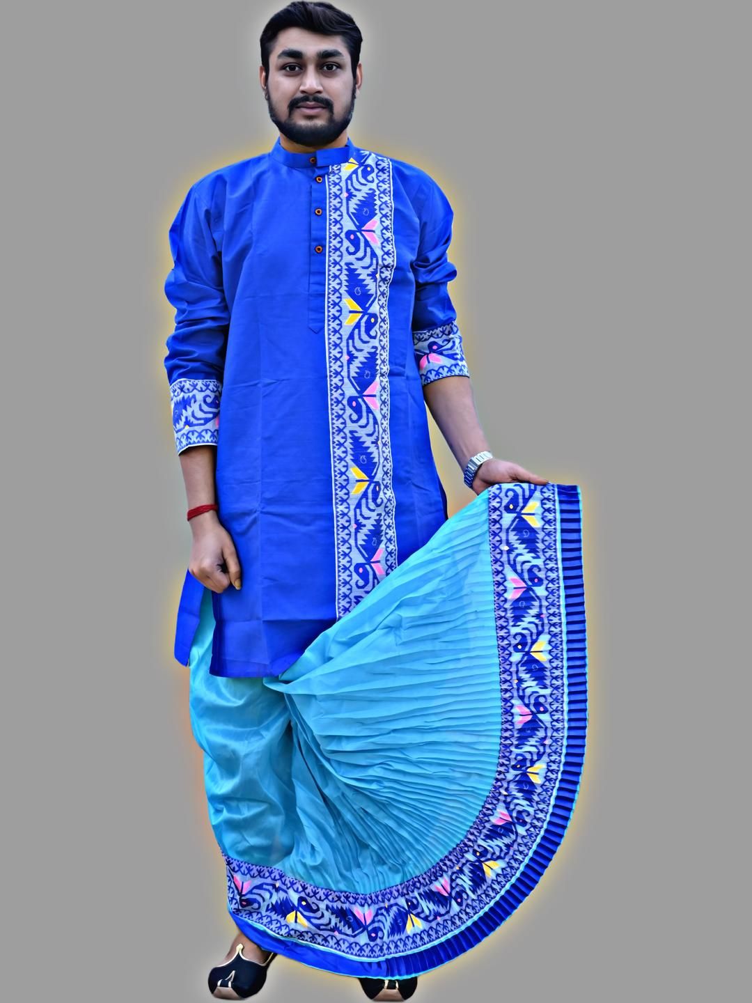 AMIT ONLINE Men Jamdani Border Mour Puccho Dhoti