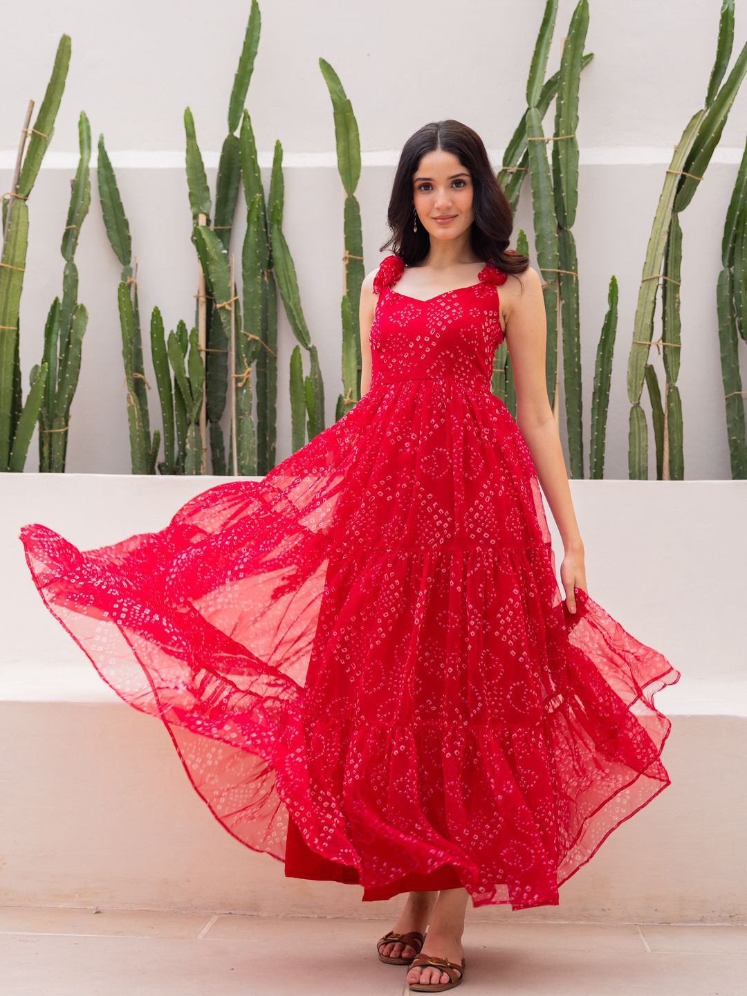 Buy Ambraee Women Bandhani Printed Red Chiffon Fit & Flare Maxi Dress -  Dresses for Women 35058012 | Myntra