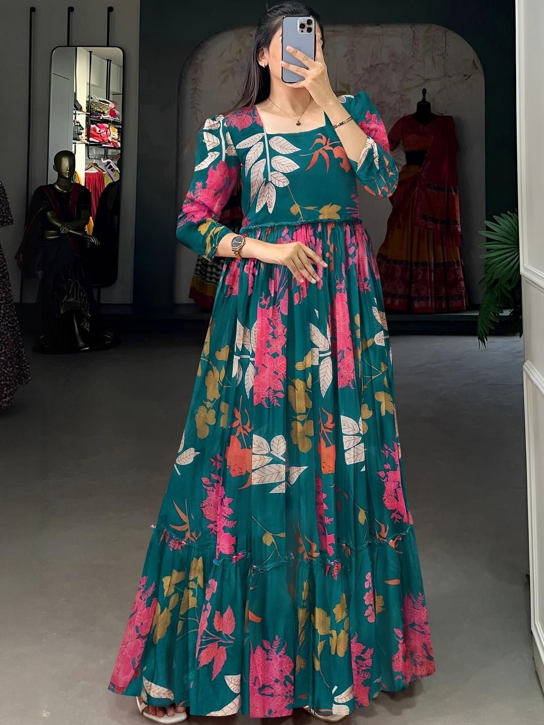 strapless open back dress Kids Light Green and Blue Floral Theme Gown Online