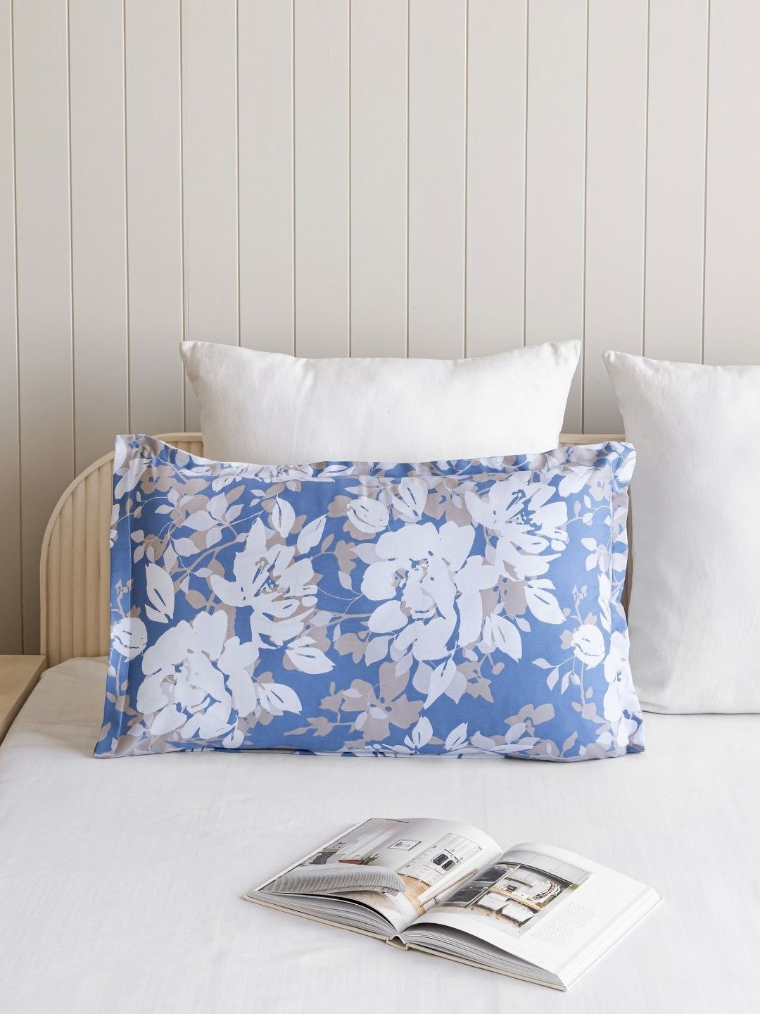 HOMEMONDE HOMEMONDE Blue & White 1 Pieces Self Design Pure Cotton Rectangle Pillow Covers