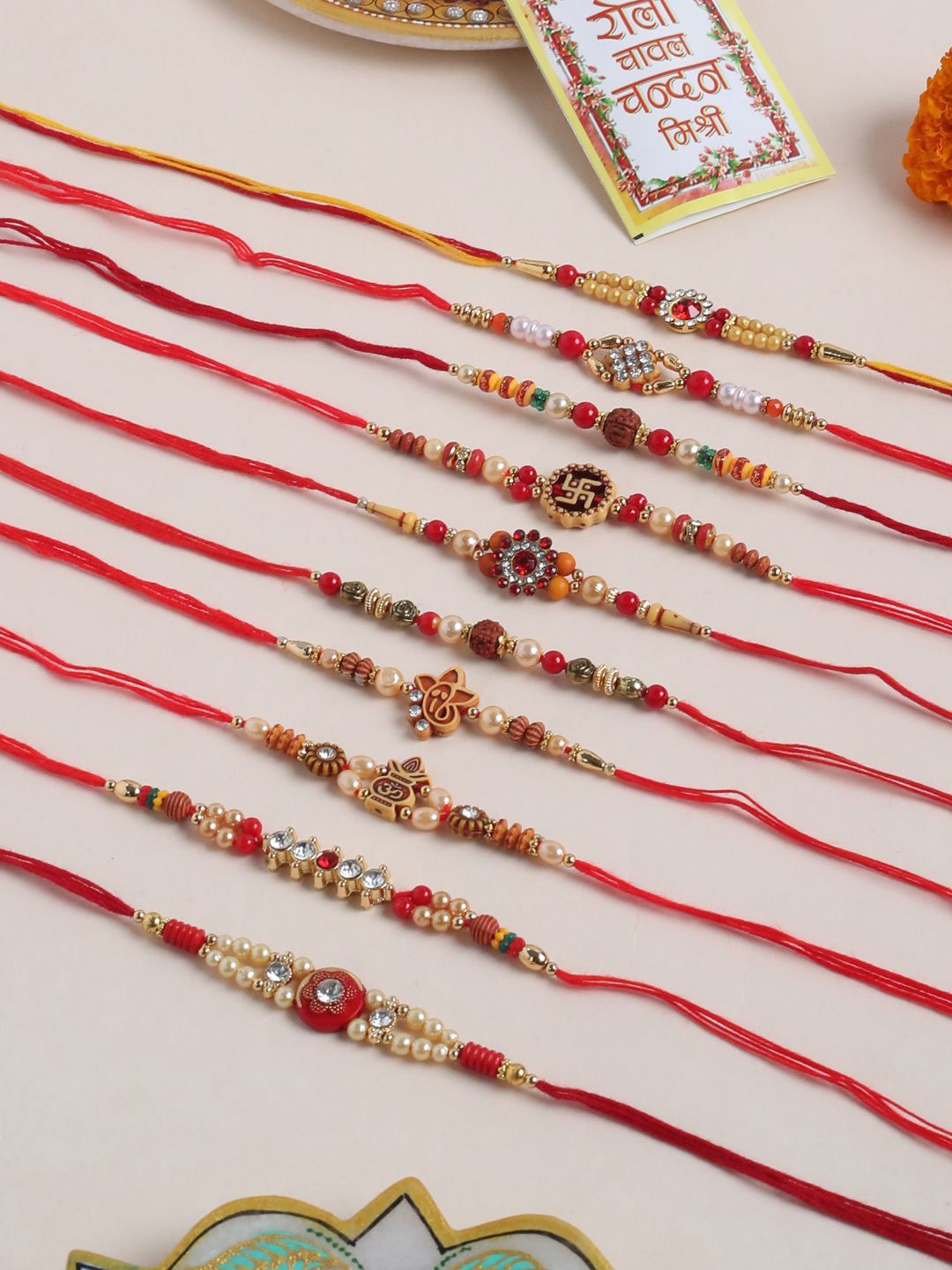 Sangria Set Of 10 Artificial Stones Studded & Beaded Thread Rakhis With Roli Chawal