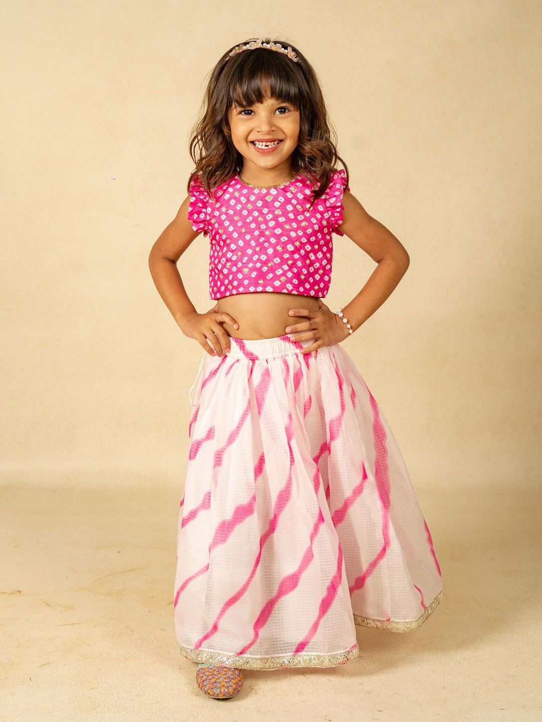 Jilmil Girls Bandhani Printed Cotton Ready to Wear Lehenga & Blouse