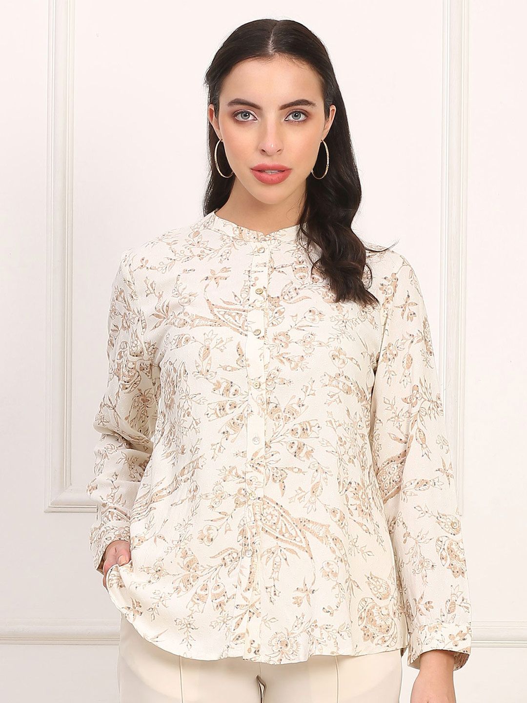 W W Women Floral Printed Mandarin Collar Top