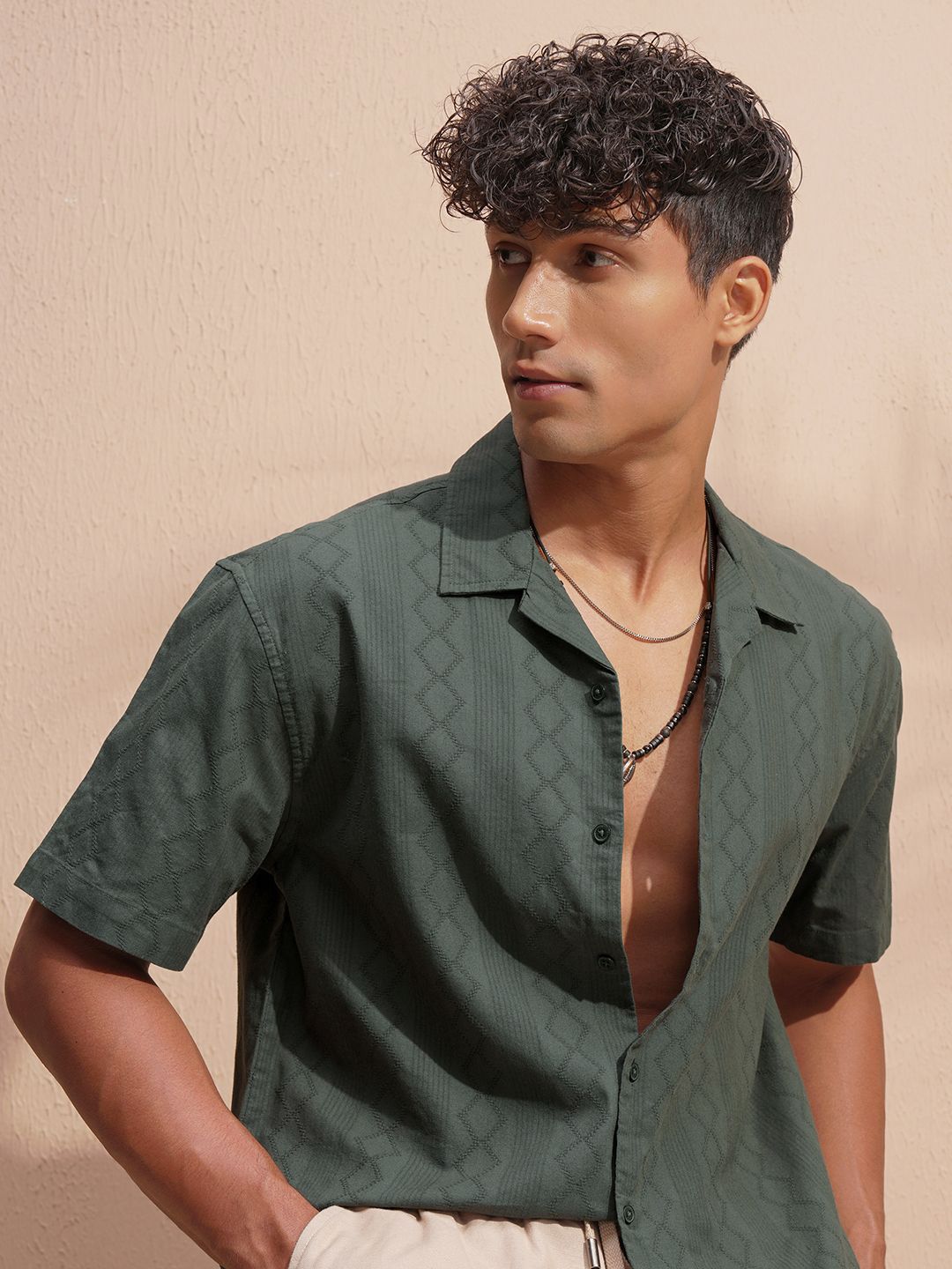 HIGHLANDER Self Design Spread Collar Short Sleeves Casual Dobby Cotton Shirt
