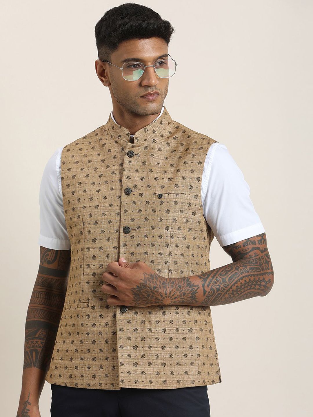 Turtle Printed Pure Cotton Nehru Jacket