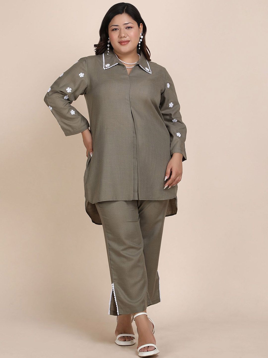 Bani Women Embroidered Plus Size Shirt Collar Neck Casual Tunic With Trouser Co-Ords