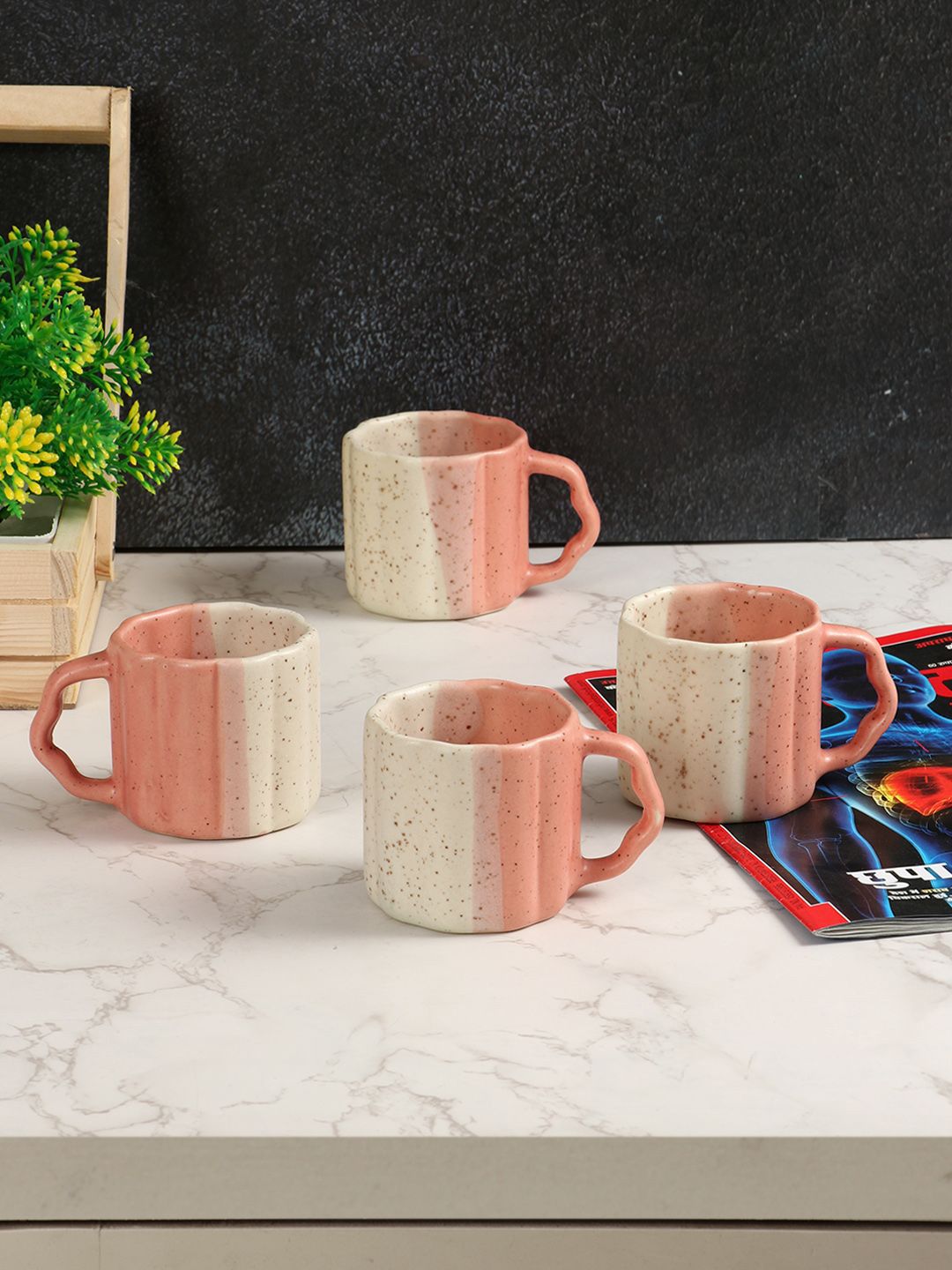 CLIO'S HERITAGE STORE White & Peach-Coloured 4 Pieces Printed Ceramic Glossy Cups