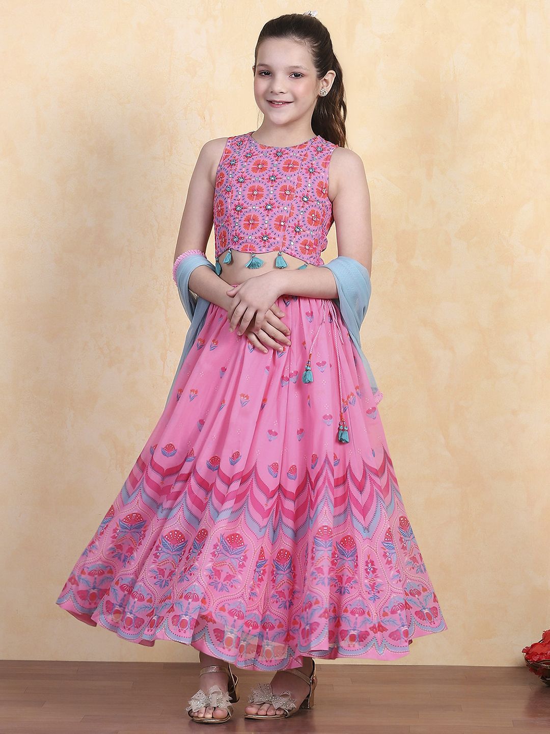 Biba Girls Embellished Mirror Work Ready to Wear Lehenga & Blouse With Dupatta