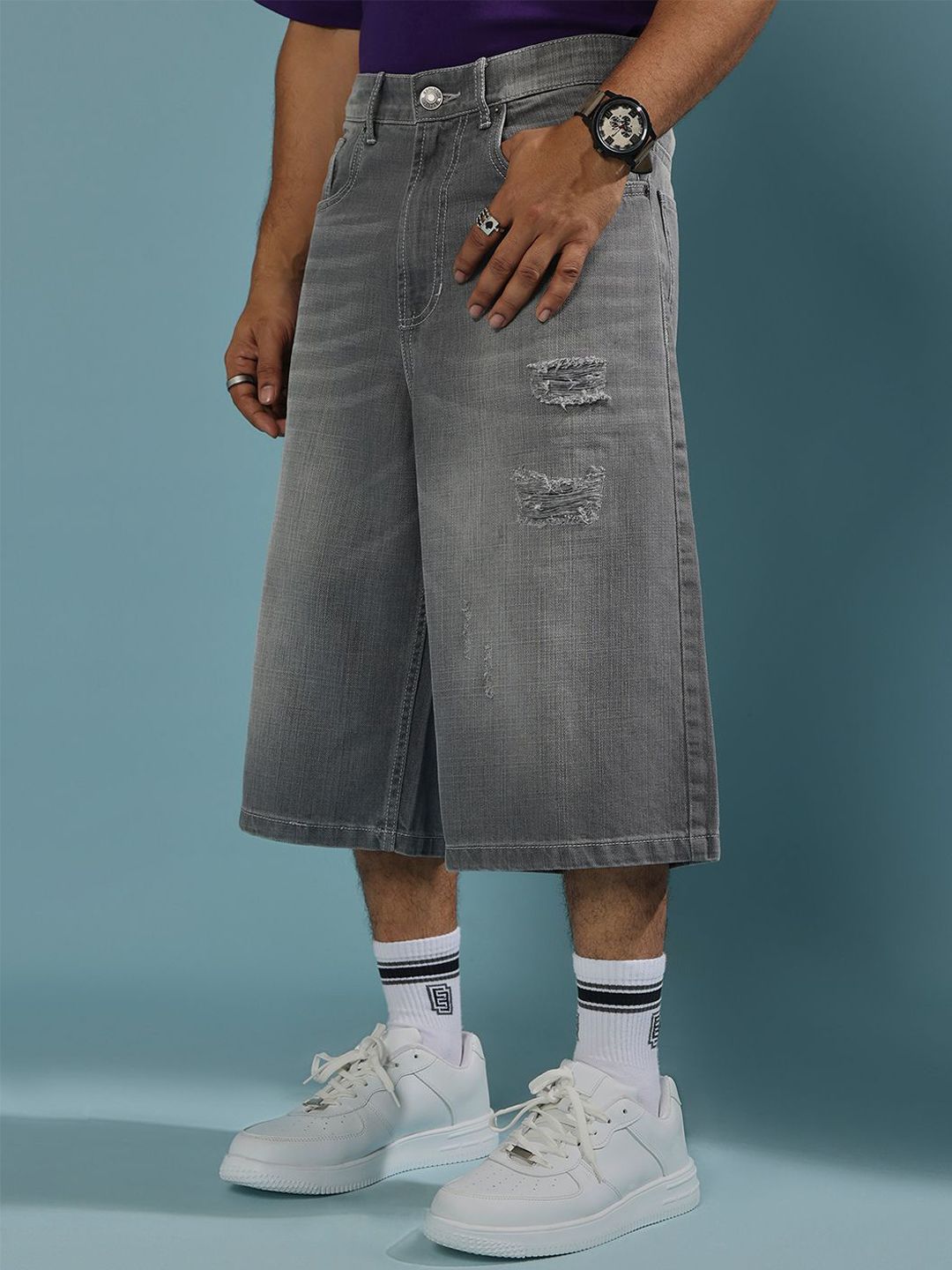 Buy Espanshe Men Gray Melusine Loose Denim Shorts - Shorts for Men