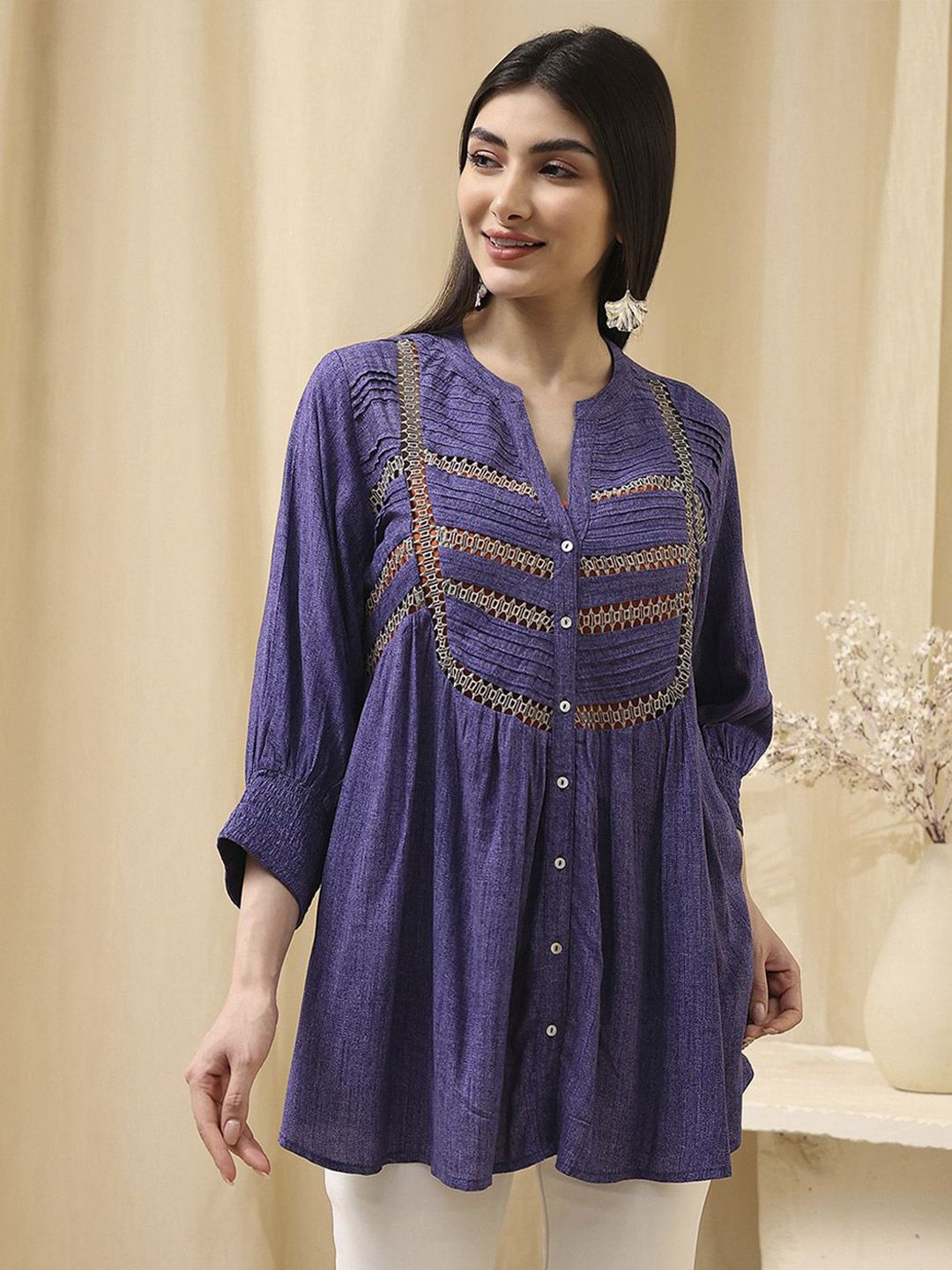 Biba Women Self Design Embroidered Mandarin Collar Tunic