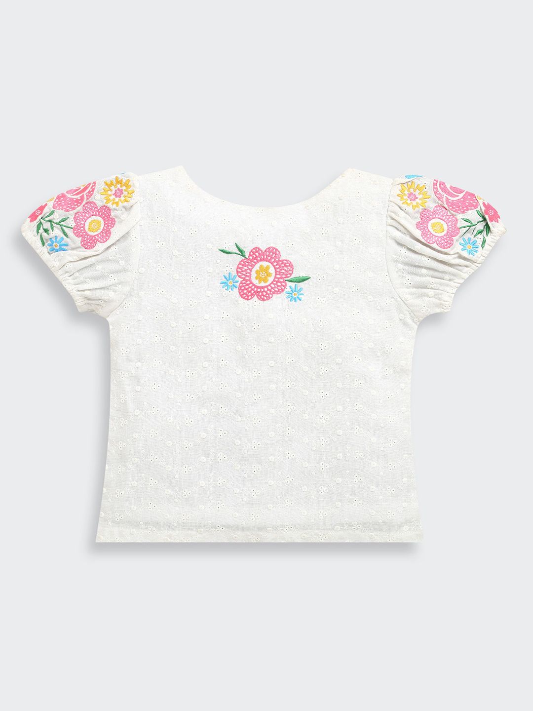 Tiny Girls Floral Embroidered Puff Sleeve Cotton Top