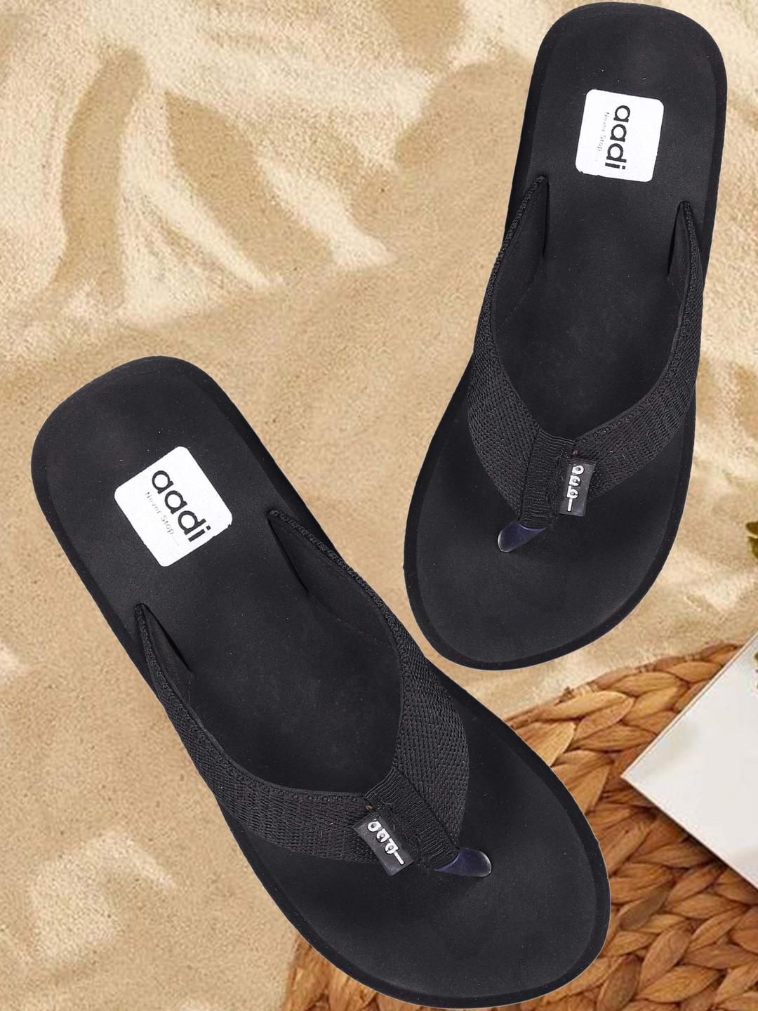 aadi Men Solid Black Anti Skid Thong Flip-Flops